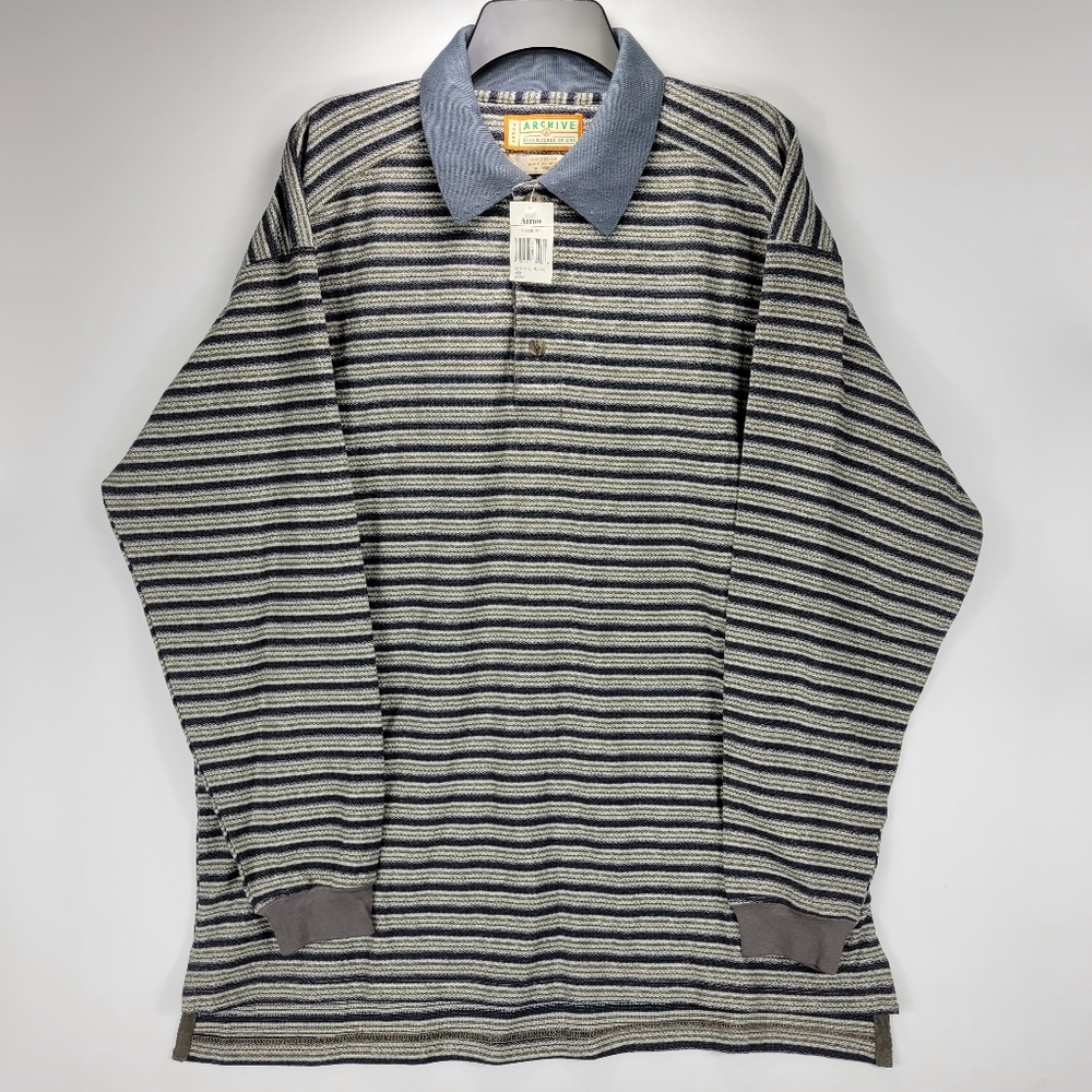 Arrow Archive Long Sleeve Striped Polo Shirt Mens Large L Blue Green Academia